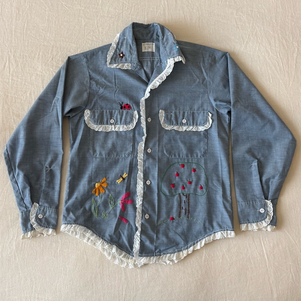 Vintage 70s JCPenney Big Mac Button Down Shirt Chambray Embroidered Eyelet Holly